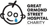 Great Ormond Street Hospital Charity logo with a circular line-drawn baby face and blue teardrop. Non-detailed description of the charity branding.