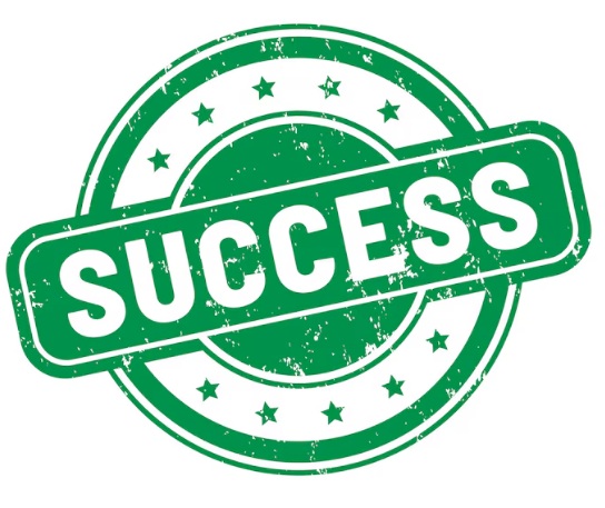 Green circular stamp with a distressed texture and a diagonal banner reading 'SUCCESS' across it, surrounded by stars.