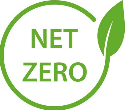 Green eco logo with a circular arc forming a leaf, and the words NET ZERO inside the circle.
