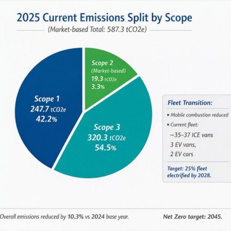 Pie chart showing 2025 current emissions split by scope with values for Scope 1 (42.2%), Scope 2 (19.3 tCO2e? etc.), and Scope 3; title reads '2025 Current Emissions Split by Scope'
