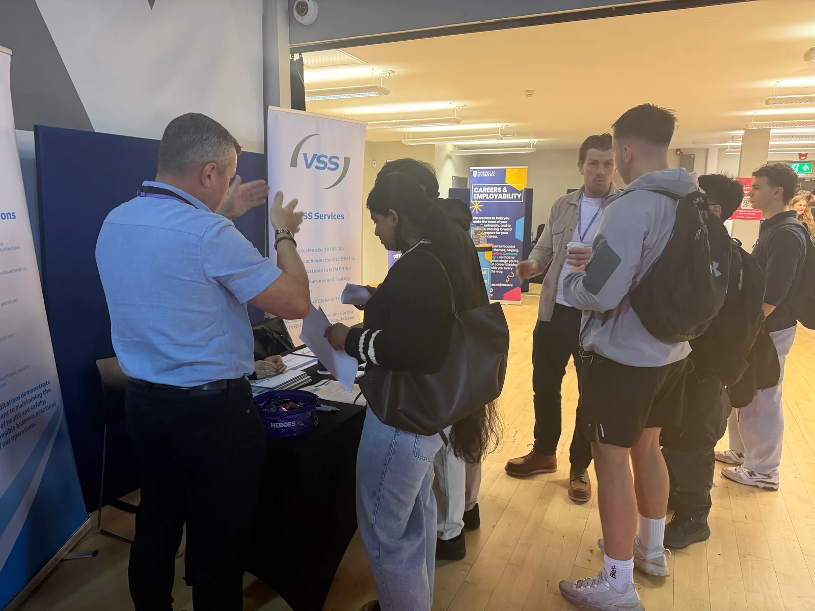 VSS team discussing HVAC careers with students at the University of Liverpool Job Fair
